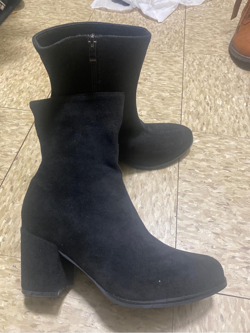 Black Suede Mid-Heel Ankle Booties with Side Zip